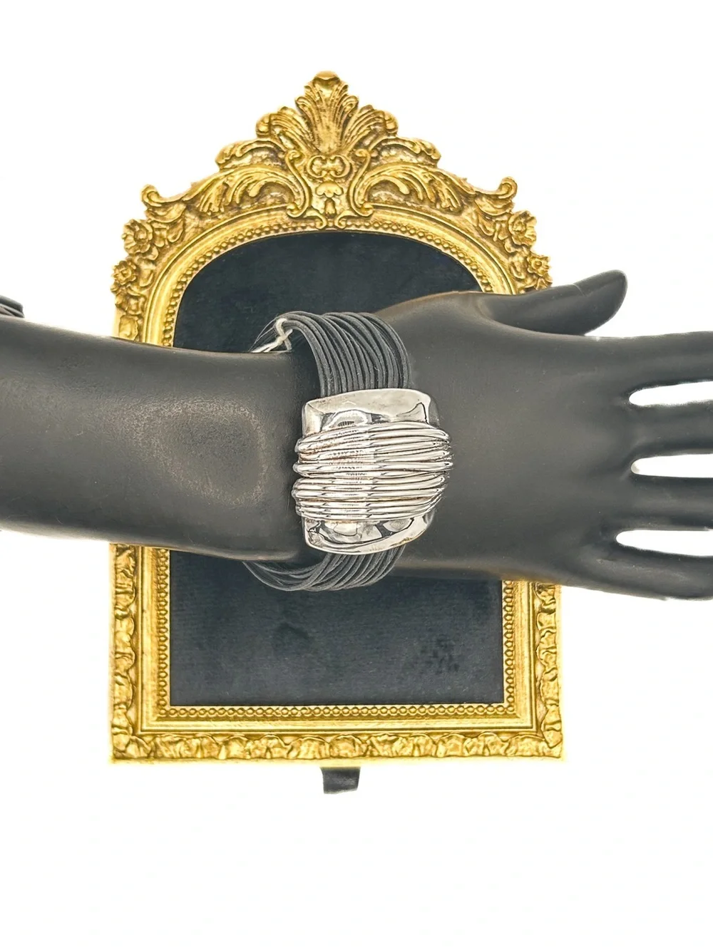 Paz Creations Black Multi-Strand Leather Bracelet with 925 Sterling Wrap Accent